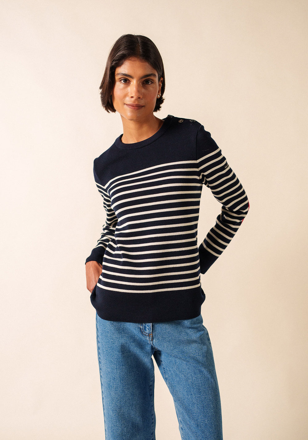 Pull marin rayé Brégançon - à coudières contrastées (NAVY/BLANC/TULIPE)