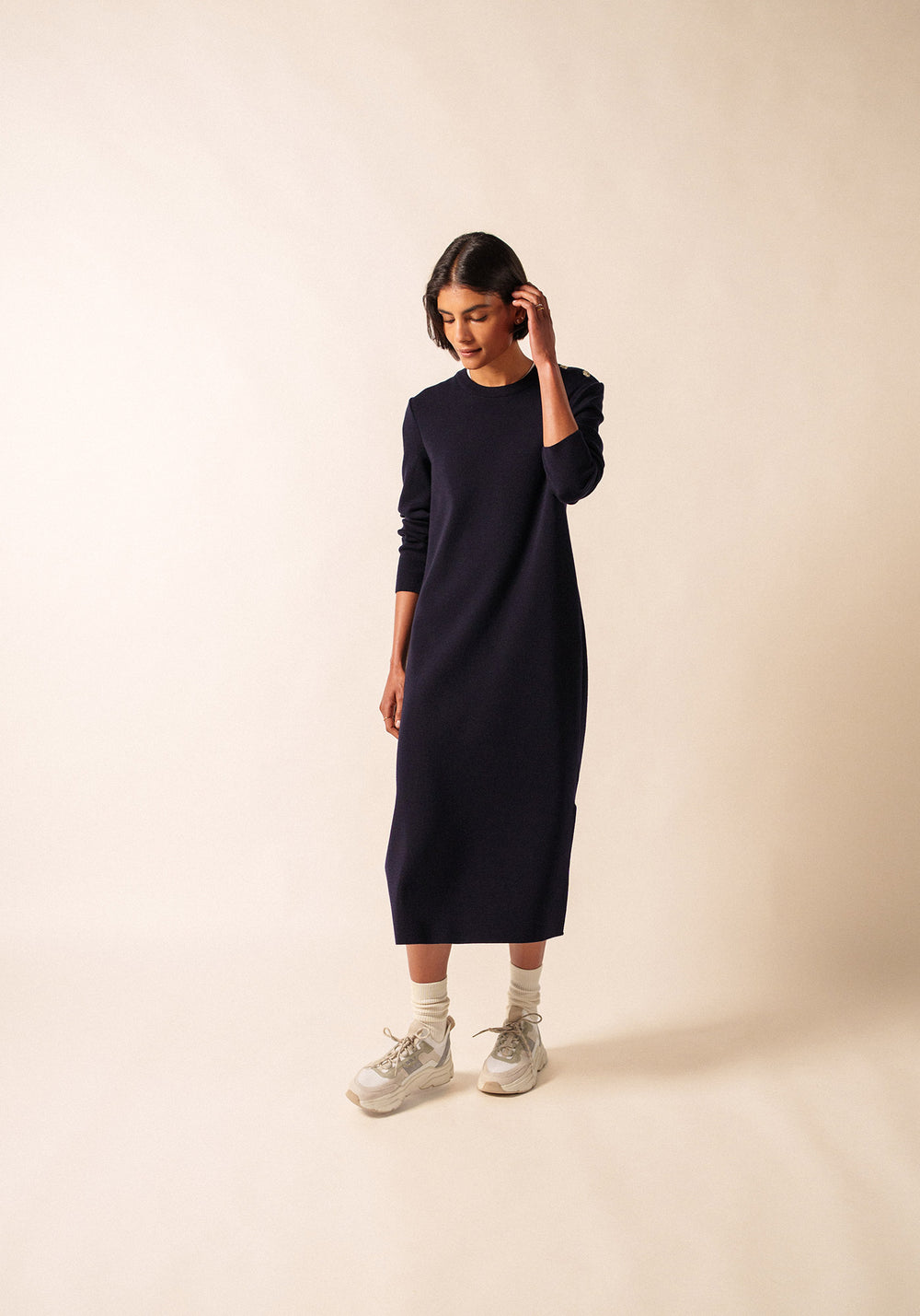 Robe pull longue Marée - unie, en laine (NAVY)