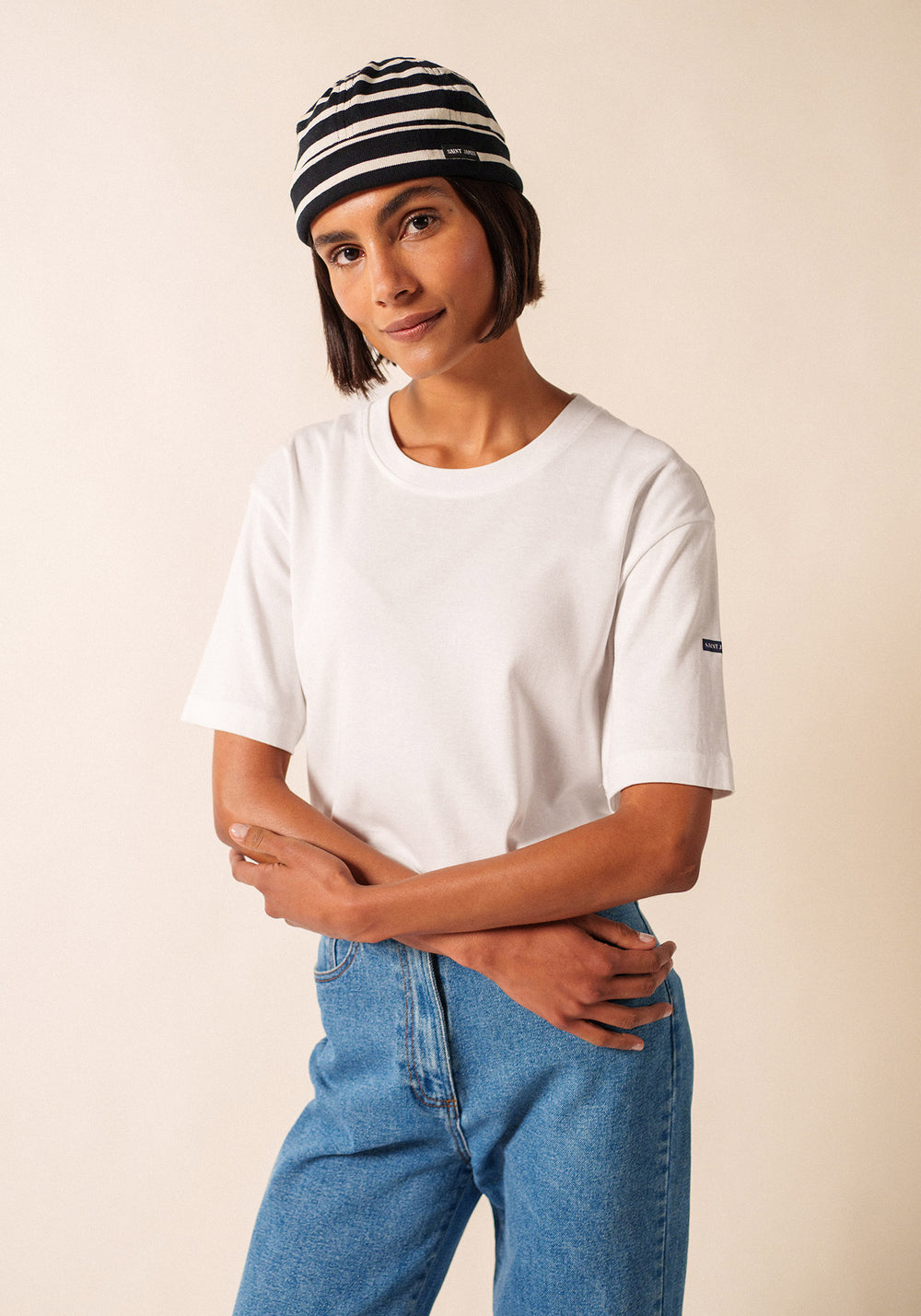 Bonnet court miki Méridien - rayé, en coton épais (NOIR/ECRU)
