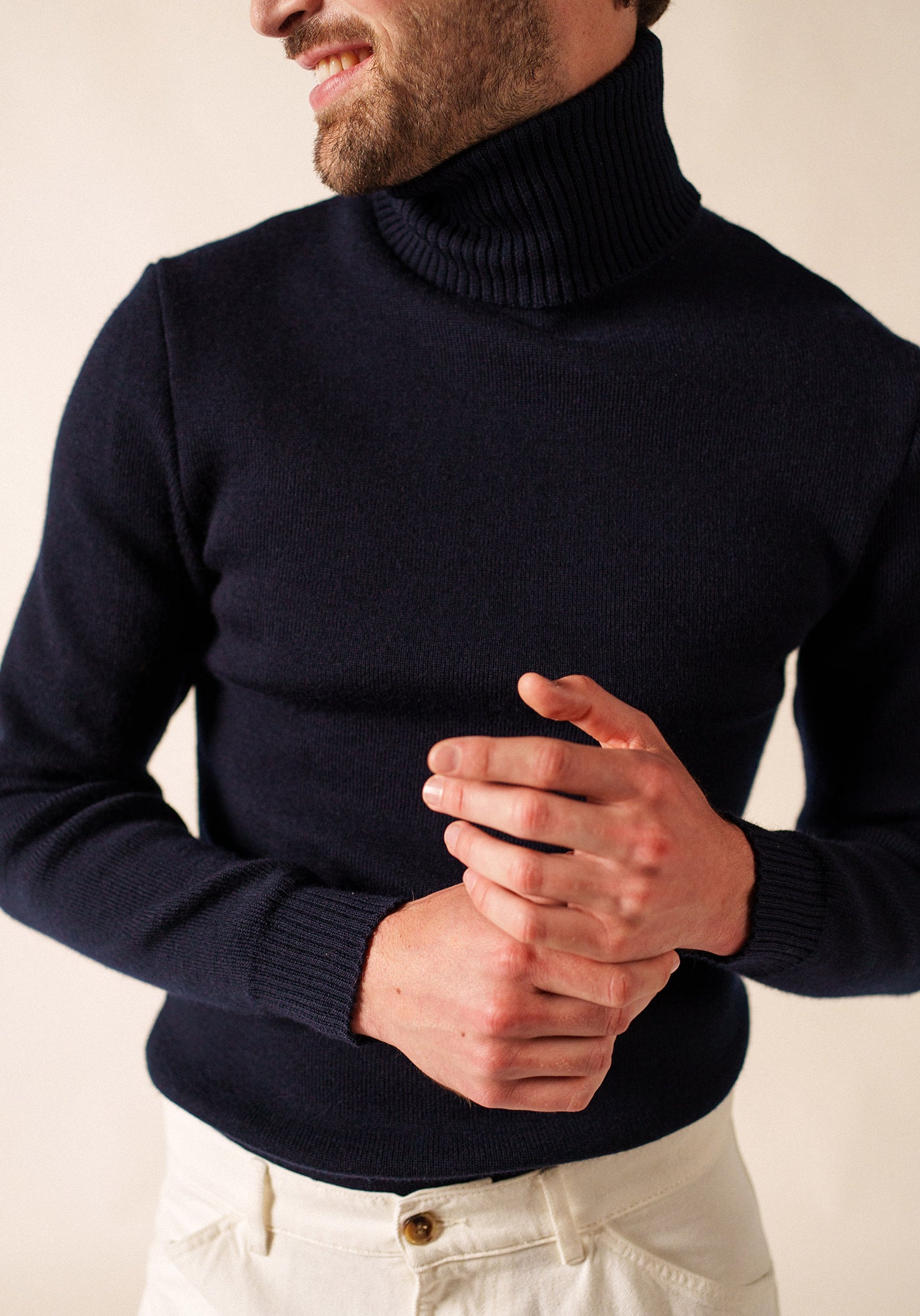 Pull col roulé marin - en laine (MARINE)