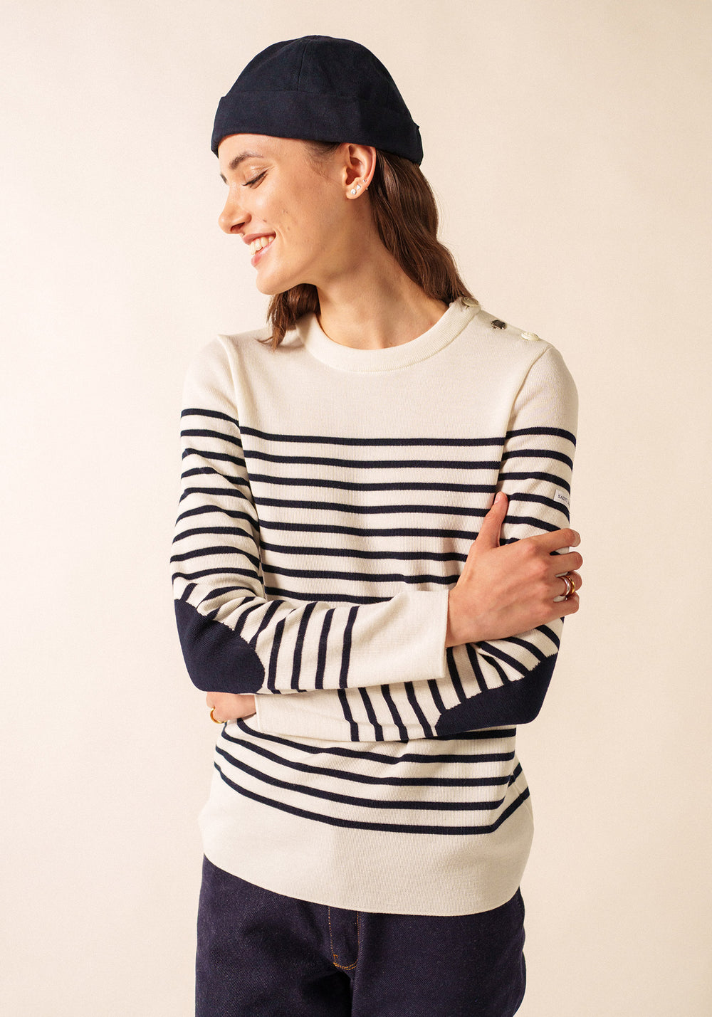 Pull marin rayé Brégançon - à coudières contrastées (BLANC/NAVY/NAVY)