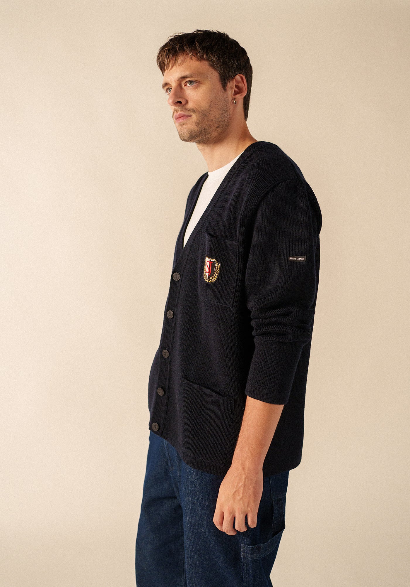 Cardigan en laine Yachting Réédit - à blason brodé poitrine (NAVY)