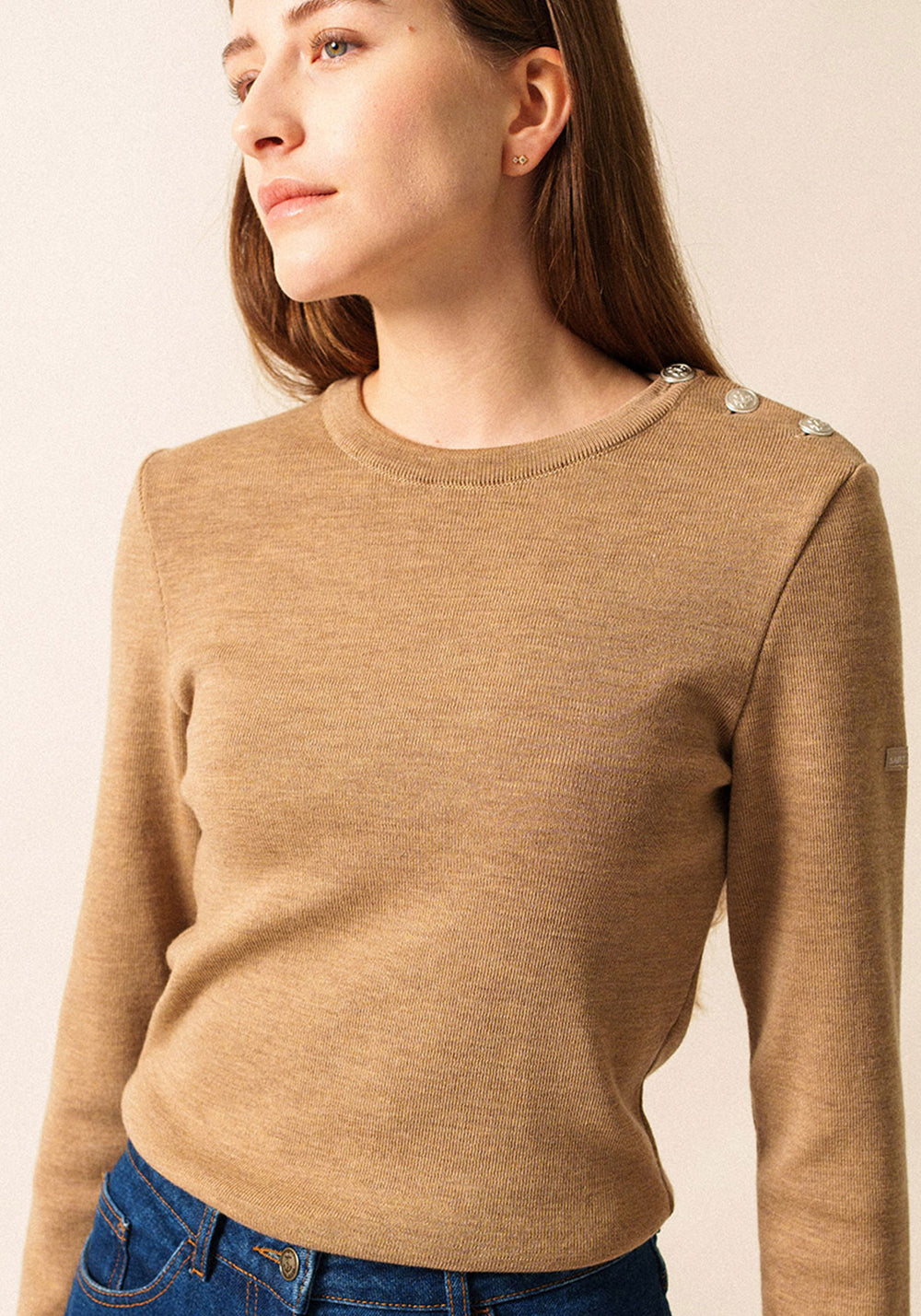 Pull marin uni Marée - en laine mérinos (BEIGE FONCE)