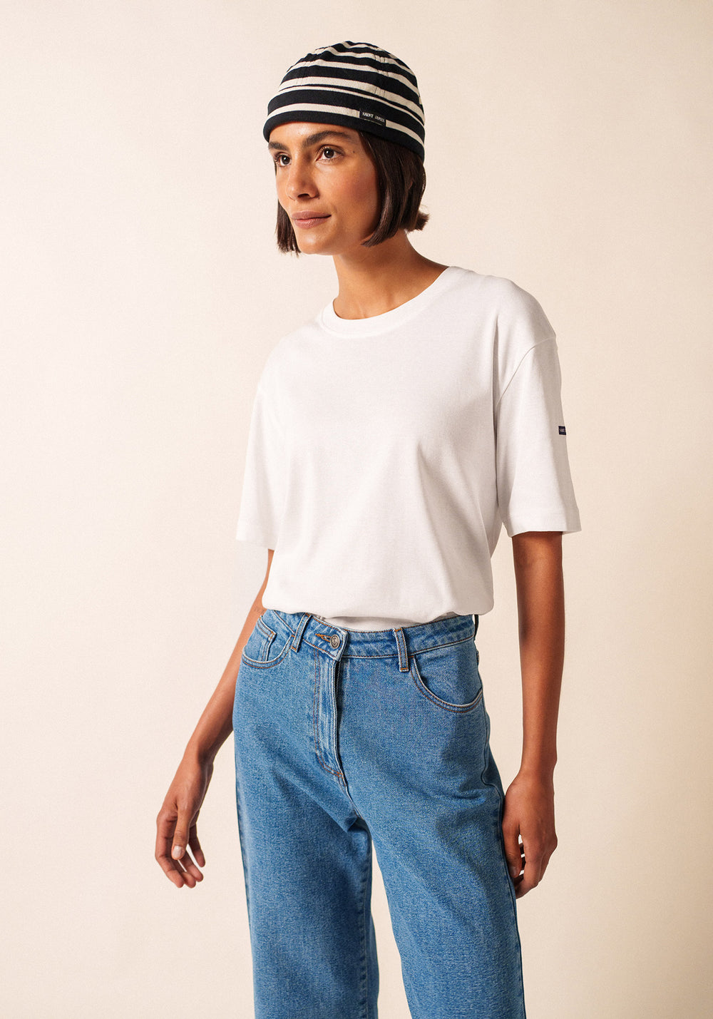 Bonnet court miki Méridien - rayé, en coton épais (NOIR/ECRU)